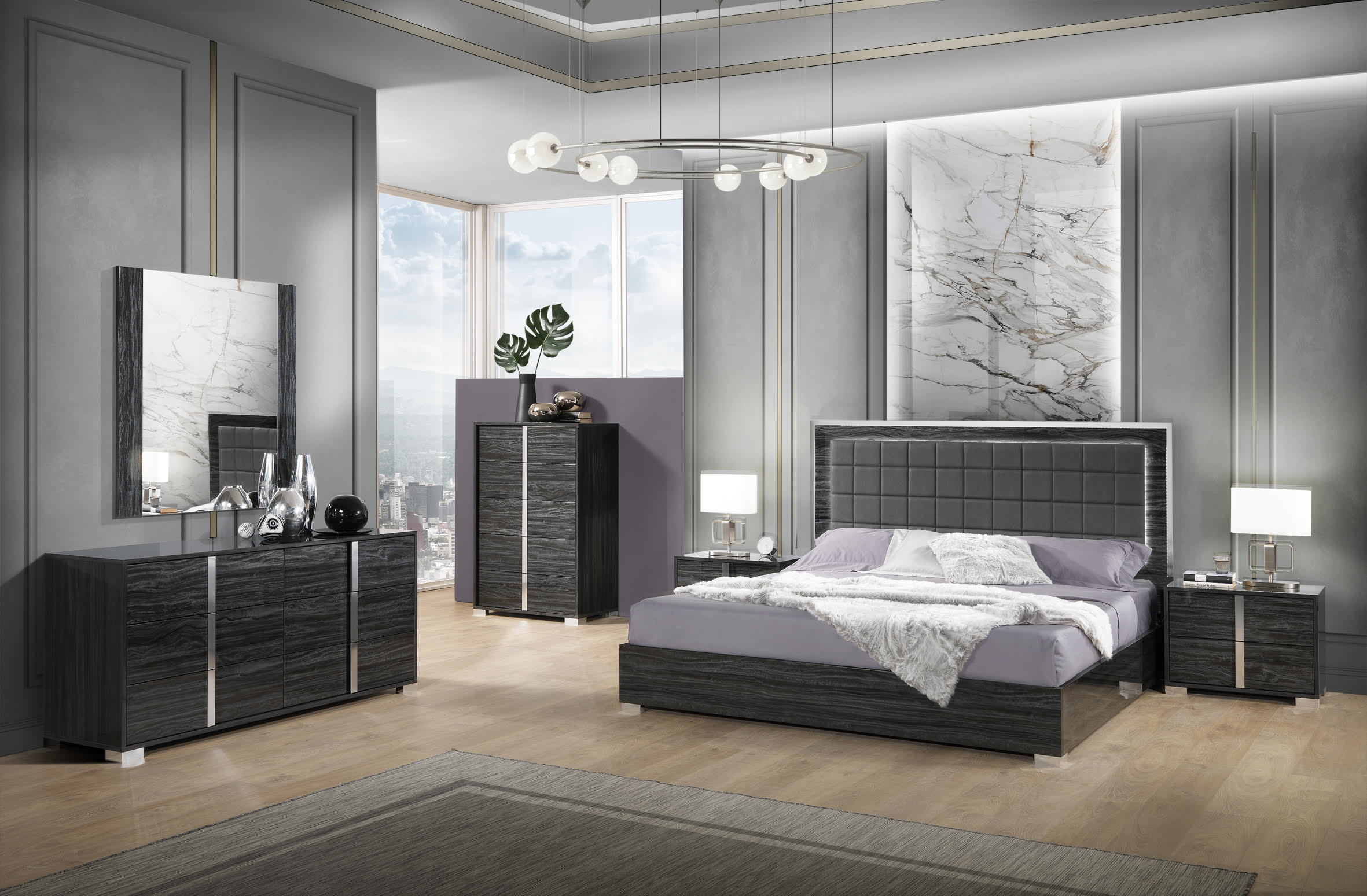 Alice Glossy Gray Queen Bed