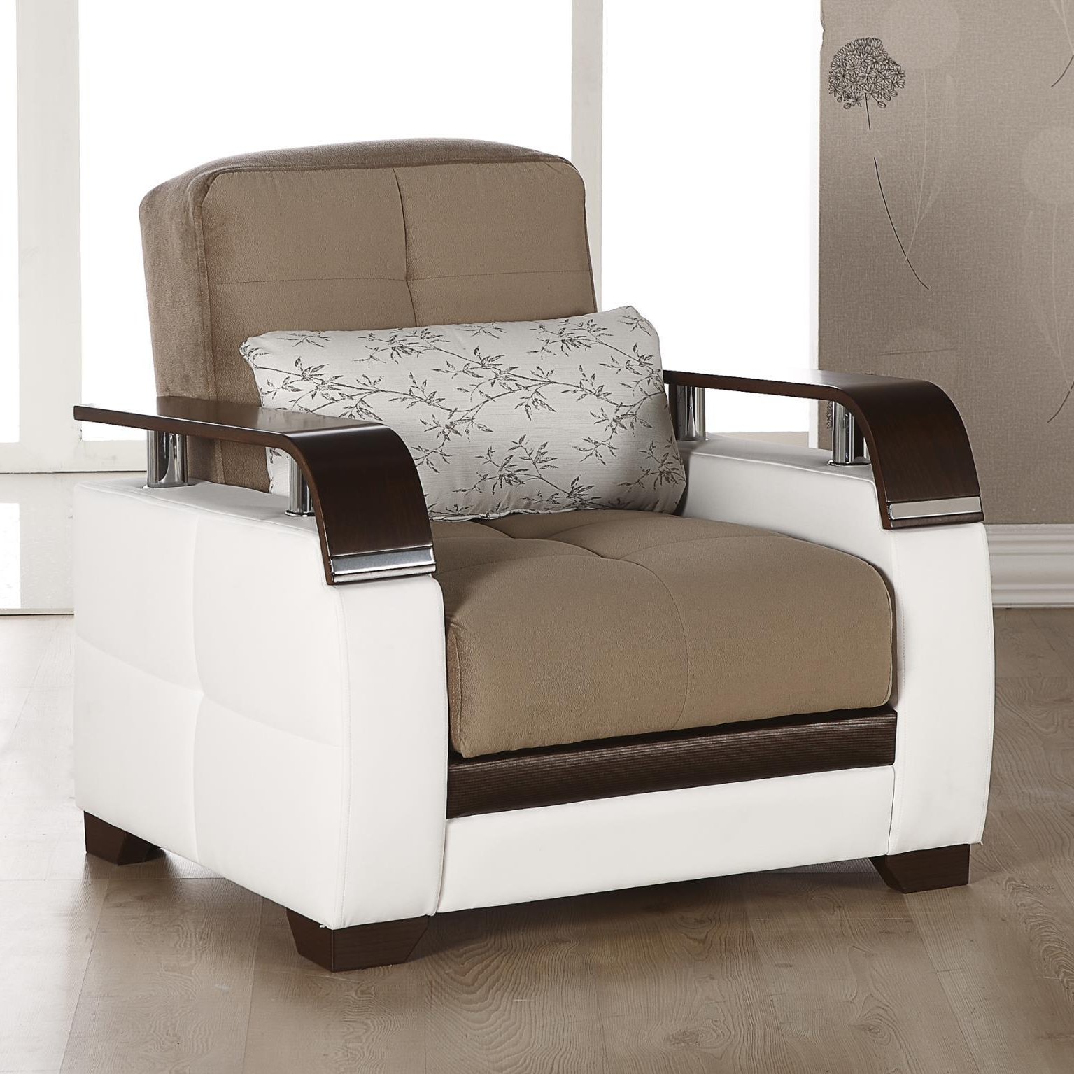 Bellona USA Natural Fabric/PU Storage Sleeper Armchair w/Wooden Armrests - Thumbnail 2